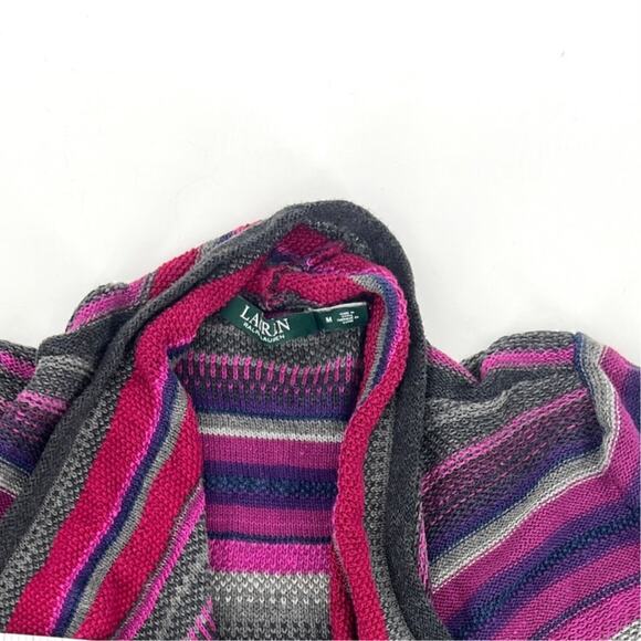 Lauren Ralph Lauren Multi Stripe Knit Waterfall Open Front Cardigan Sweater M - Picture 5 of 5